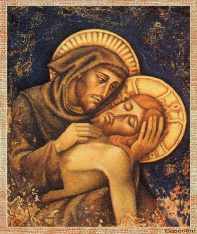 Affresco di San Francesco d'Assisi che abbraggia Cristo morto